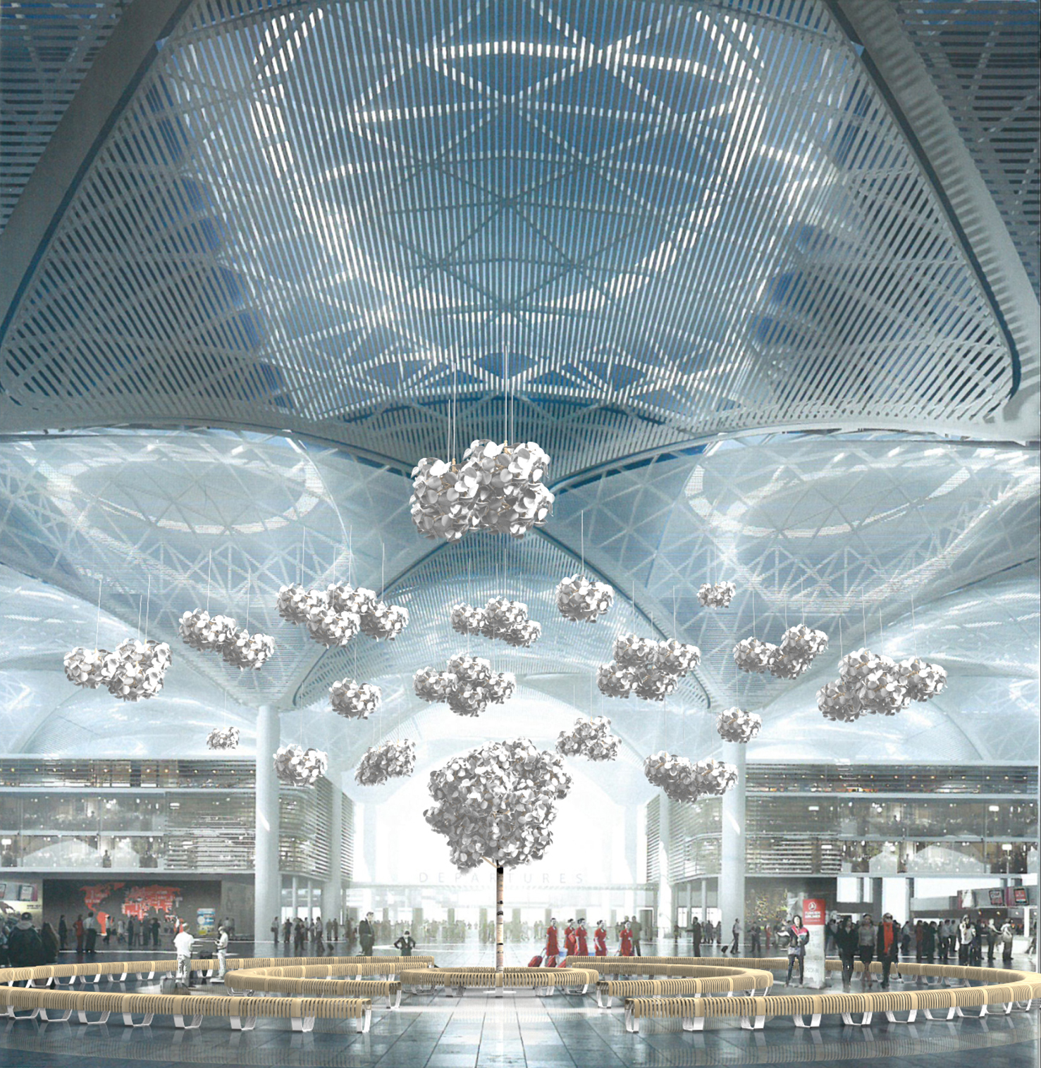 Rendering of lobby space with Nova C Bench, Leaf Lamp Tree and Leaf Lamp Pendants.
